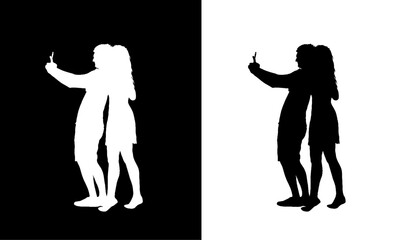 man, and women taking selfie silhouette vector illustration, man and women taking selfie with smart phone, happy, couple silhouette vector illustration, love, set, of selfie people, people icon, 