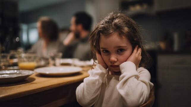 Sad little girl sitting at dinner table, covering her ears, feeling overwhelmed by noise around her. atmosphere is tense, with adults in background engaged in conversation