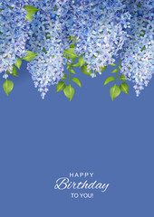 Birthday greeting banner. Spring floral background. Branch of a blossoming Lilac