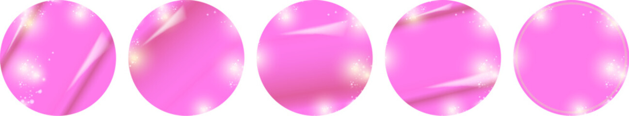 Pink Glossy Round Stickers Set Vector: Collection of Shiny Circles with Light Reflections and Glitter on White Background, Ideal for Labels, Bubbles, and UI Elements