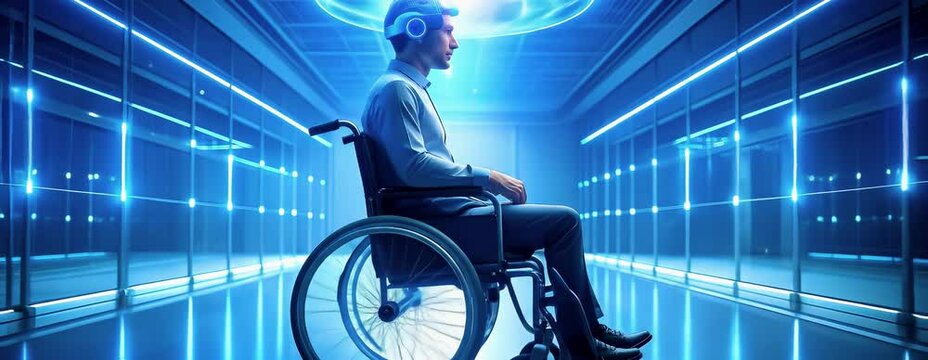 A man futuristic wheelchair operates the device using a mind controlled brain machine interface, neural data projections in a high-tech facility, in AI assisted mobility and neuro technology