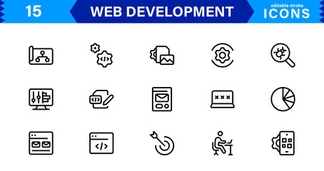Modern Web Development Icon Set Featuring Coding, Websites, Programming, Design, and Development Concepts in a Professional, Clean Vector Style