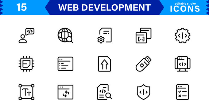 Modern Web Development Icon Set Featuring Coding, Websites, Programming, Design, and Development Concepts in a Professional, Clean Vector Style