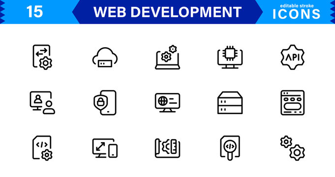 Modern Web Development Icon Set Featuring Coding, Websites, Programming, Design, and Development Concepts in a Professional, Clean Vector Style