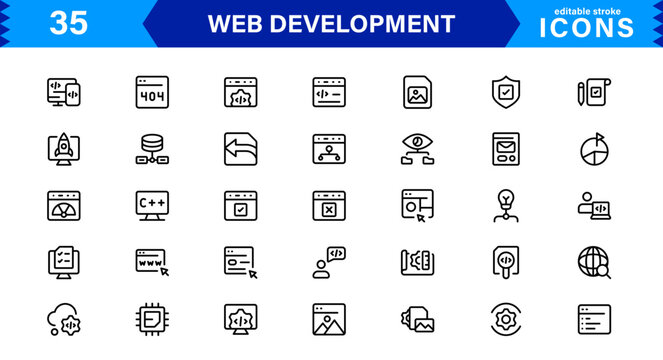 Modern Web Development Icon Set Featuring Coding, Websites, Programming, Design, and Development Concepts in a Professional, Clean Vector Style