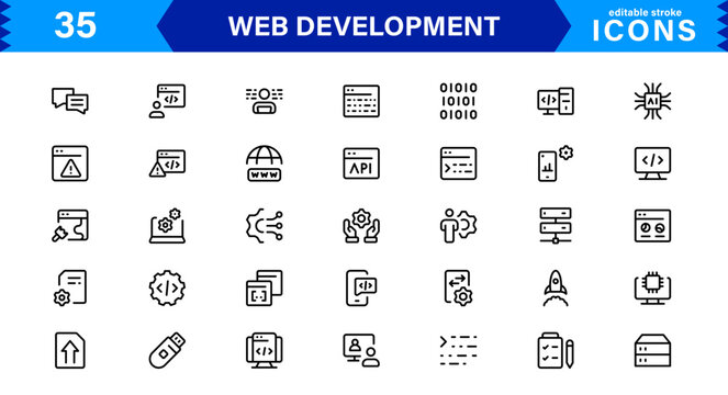 Modern Web Development Icon Set Featuring Coding, Websites, Programming, Design, and Development Concepts in a Professional, Clean Vector Style