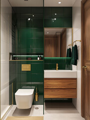 A modern bathroom features a sleek vanity with a marble countertop, wooden cabinets, a bathtub with green subway tiles, and a window for natural light.