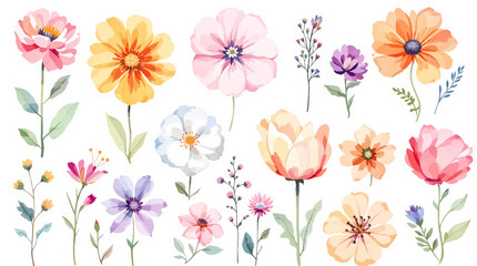 Spring  watercolor flowers vector illustration, Colorful spring flowers, Set of watercolor flowers, Clipart watercolor flowers	