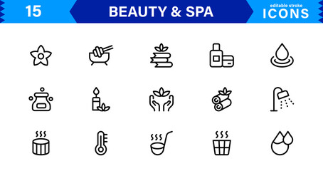 Beauty and Spa Icon Set Representing Wellness, Facial, Skin Care, Relaxation, and Beauty Treatments in a Clean, Professional, Minimalist Vector Design