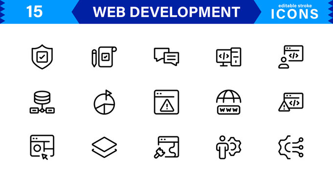 Modern Web Development Icon Set Featuring Coding, Websites, Programming, Design, and Development Concepts in a Professional, Clean Vector Style