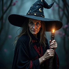 mystical forest witch with glowing amulet and moon hat