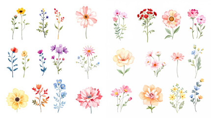 Colorful spring flowers, Set of watercolor flowers, Clipart watercolor flowers	