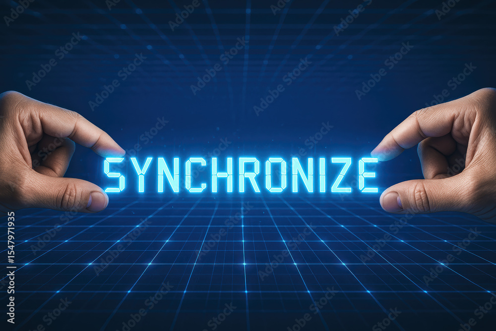 Poster two human hands align digital segments forming a glowing connection symbolizing synchronization and 