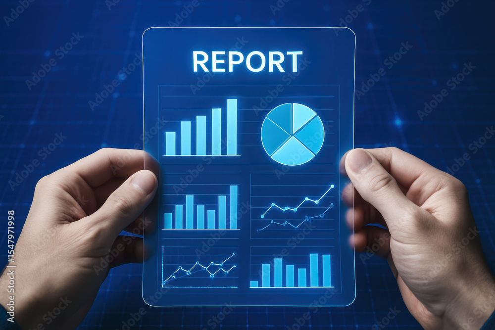 Poster a close-up view two hands holding a translucent digital report displaying various charts symbolizing