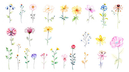 Colorful spring flowers, Set of watercolor flowers, Clipart watercolor flowers	