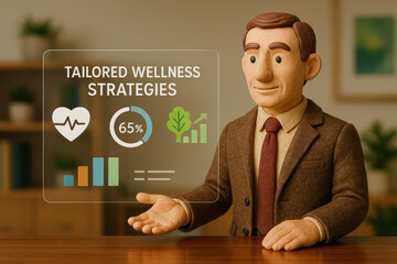 A professional clay figure demonstrates innovative wellness strategies using data visualization to enhance business performance and growth