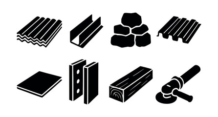 Obraz na płótnie Canvas Construction materials silhouette icon set. tools, building, lumber, equipment icons.