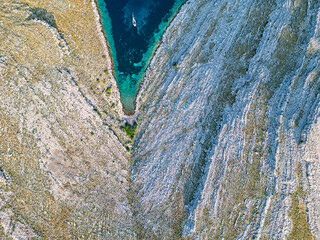 Sea bay from drone view. Turquoise, blue water in croatia. Sailing aerial