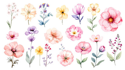 Colorful spring flowers, Set of watercolor flowers, Clipart watercolor flowers	