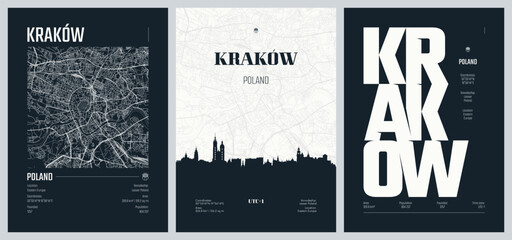 Set of travel posters with Krakow, detailed urban street plan city map, Silhouette city skyline, vector artwork, set 2