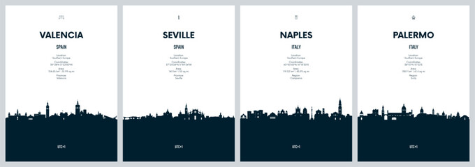 Naklejka premium Travel vector set with city skylines Valencia, Seville, Naples, Palermo detailed city skylines minimalistic graphic artwork