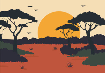African Savannah and Sunset, vector illustration isolated. World Africa Day Illustration. Sunset in Africa, savanna