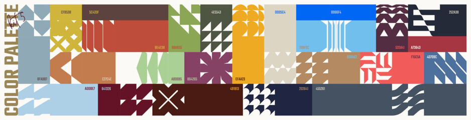 Colour palette set, trendy different combined colors with codes, vector banner with colorful ornament of abstract geometric shapes in brutalism style, modern collage postmodern figures kit 5