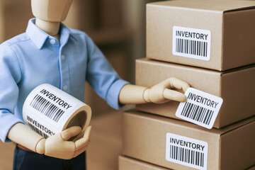 Efficient organization and control stock are symbolized by a wooden figure applying inventory labels to product boxes in a warehouse setting