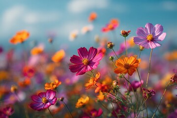 Vibrant Cosmos Flowers in a Sunlit Field