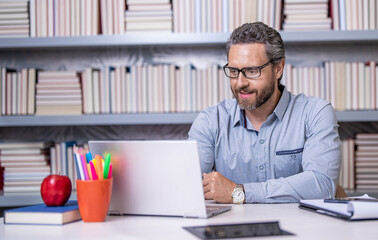 teachers day. teacher man offer education online. online school education. teacher at lesson during...
