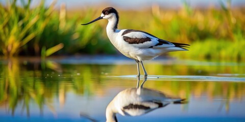 Fototapeta premium Pied Avocet on water's edge with reflection, bird watching, natural scenery