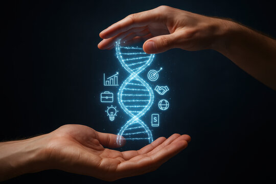 A glowing DNA helix floats between two hands symbolizing innovation and strategic growth in business development - Powered by Adobe