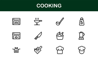 Vector Cooking Icons Collection with Minimal Style Illustrations of Utensils, Ingredients, and Kitchen Elements