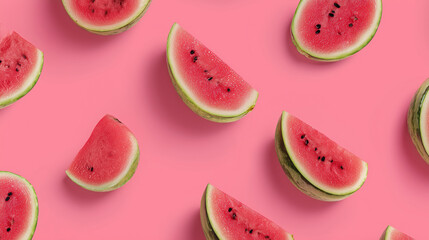 Pop art-inspired layout of ripe watermelons on pink surface, half-cut view, top-down perspective with space for text.

