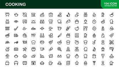 Vector Cooking Icons Collection with Minimal Style Illustrations of Utensils, Ingredients, and Kitchen Elements