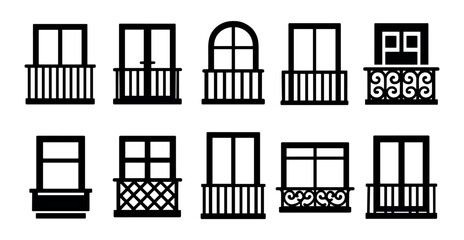 Balcony and window silhouette icon set. architectural elements in solid style
