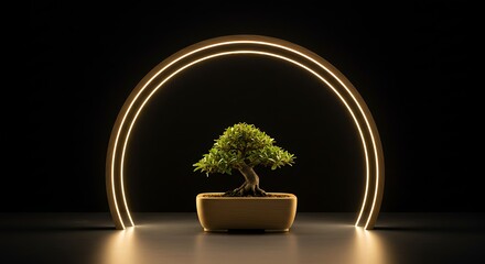 Fototapeta premium Bonsai tree illuminated by warm glowing arch in a dark setting