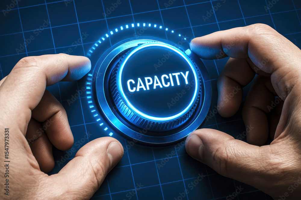 Poster adjusting capacity through a glowing digital control symbolizes optimizing performance and enhancing