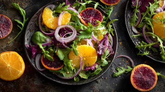Color-coordinated salad flat lay in citrus palette, with oranges, arugula, and purple onions, stone countertop