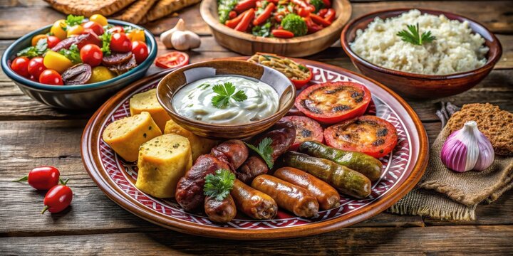 Serbian pljeskavica served with traditional Balkan side dishes on a plate , urnebes, mediteranean meal
