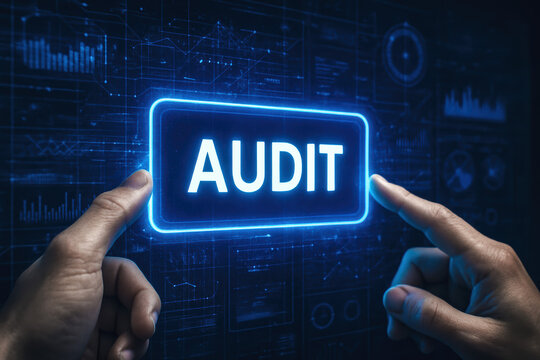 A digital audit process is initiated as two hands interact with a vibrant futuristic blue interface symbolizing data review and control