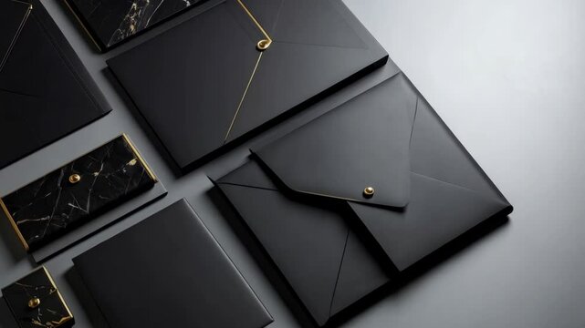 Elegant black envelopes and folders set arranged on a neutral gray surface for luxury stationary branding designs and sophisticated correspondence.