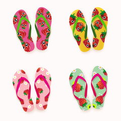 Four pairs of flip flops displayed, each featuring a unique color and star patterns