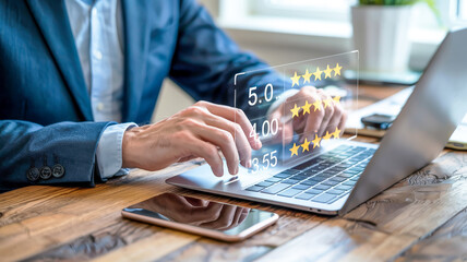 A professional business photo showing hands typing on a black laptop keyboard with a smartphone placed beside it on a wooden desk