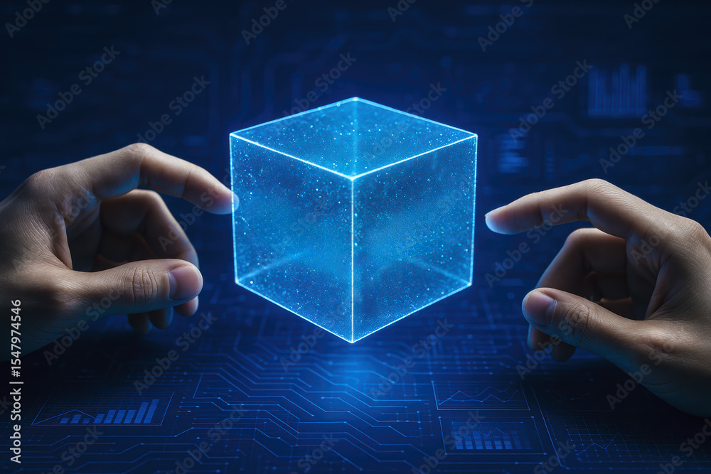 Poster a digital cube representing resource management floats between two hands symbolizing control and inn
