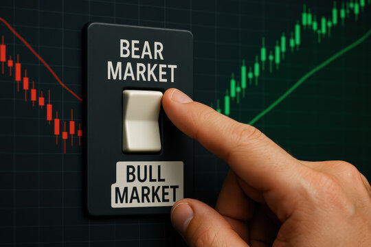 A toggles a digital switch between market downturn and growth symbolizing financial trend shifts in trading