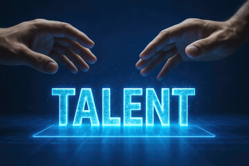 Innovation and growth emerge as two hands present a glowing digital platform symbolizing talent development