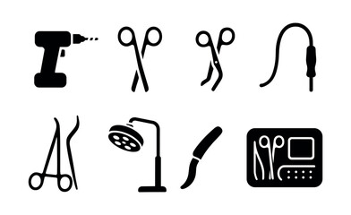 Obraz premium Medical and surgery solid icon set: tools, equipment, healthcare essentials