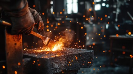 A blacksmith working with fire and metal on the anvil creating sparks
