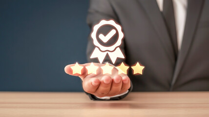A professional business photograph of a hand in a dark suit sleeve holding a glowing white digital badge icon floating above it.